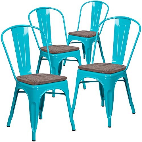 Flash Furniture 4 Pk. Crystal Teal-Blue Metal Stackable Chair with Wood Seat