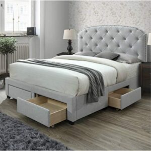 dg casa argo upholstered panel bed frame with storage drawers and diamond button tufted nailhead trim headboard, queen size in platinum fabric