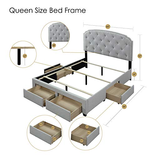 DG Casa Argo Upholstered Panel Bed Frame with Storage Drawers and Diamond Button Tufted Nailhead Trim Headboard, Queen Size in Platinum Fabric