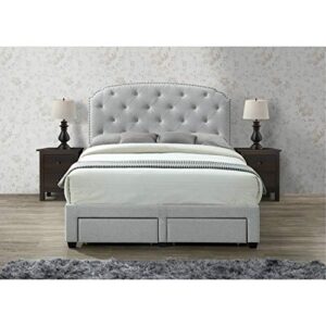 DG Casa Argo Upholstered Panel Bed Frame with Storage Drawers and Diamond Button Tufted Nailhead Trim Headboard, Queen Size in Platinum Fabric