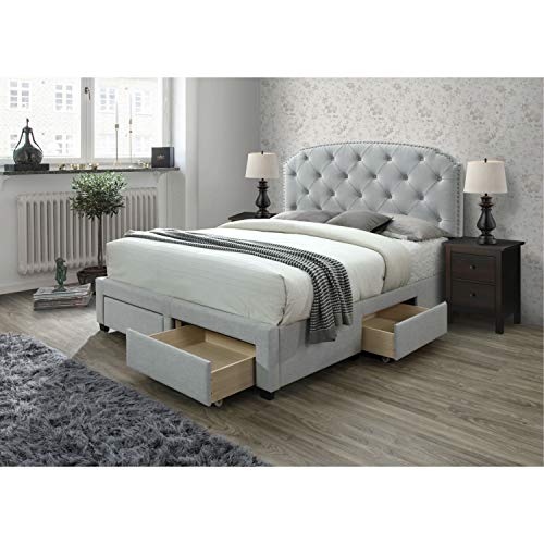 DG Casa Argo Upholstered Panel Bed Frame with Storage Drawers and Diamond Button Tufted Nailhead Trim Headboard, Queen Size in Platinum Fabric