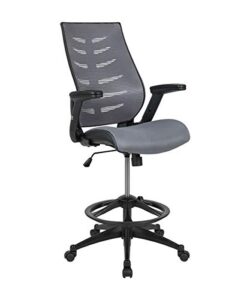 flash furniture high back dark gray mesh spine-back ergonomic drafting chair with adjustable foot ring and adjustable flip-up arms