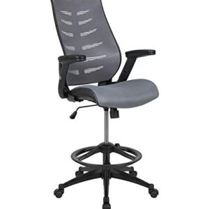 Flash Furniture High Back Dark Gray Mesh Spine-Back Ergonomic Drafting Chair with Adjustable Foot Ring and Adjustable Flip-Up Arms