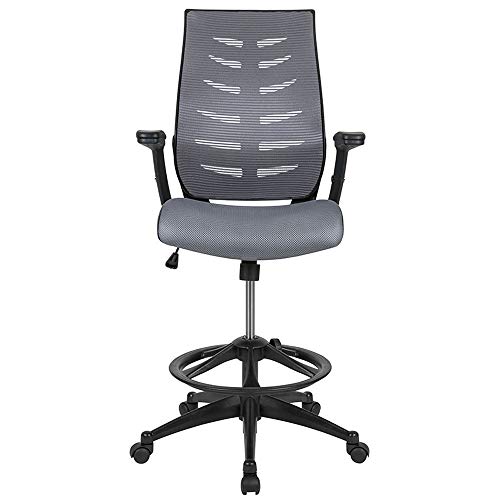 Flash Furniture High Back Dark Gray Mesh Spine-Back Ergonomic Drafting Chair with Adjustable Foot Ring and Adjustable Flip-Up Arms