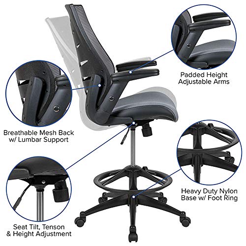 Flash Furniture High Back Dark Gray Mesh Spine-Back Ergonomic Drafting Chair with Adjustable Foot Ring and Adjustable Flip-Up Arms