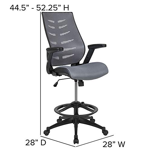 Flash Furniture High Back Dark Gray Mesh Spine-Back Ergonomic Drafting Chair with Adjustable Foot Ring and Adjustable Flip-Up Arms
