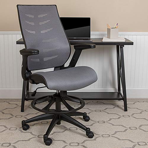 Flash Furniture High Back Dark Gray Mesh Spine-Back Ergonomic Drafting Chair with Adjustable Foot Ring and Adjustable Flip-Up Arms