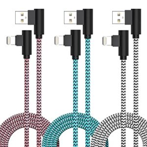 3 pack iphone charger 10ft [apple mfi certified] right angle lightning cable iphone fast charging cord nylon braided for iphone 14 13 12 11 pro/pro max/mini/xs/xr/8 7 plus, ipad, airpods (10 foot)