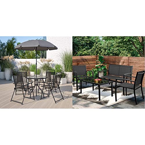 Flash Furniture Nantucket 6 Piece Patio Garden Table Set - Umbrella Table - Set of 4 Black Folding Chairs & Greesum 4 Pieces Patio Furniture Set, Outdoor Conversation Sets for Patio, Lawn Black