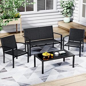 Flash Furniture Nantucket 6 Piece Patio Garden Table Set - Umbrella Table - Set of 4 Black Folding Chairs & Greesum 4 Pieces Patio Furniture Set, Outdoor Conversation Sets for Patio, Lawn Black