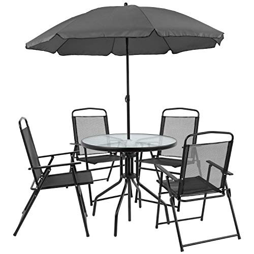 Flash Furniture Nantucket 6 Piece Patio Garden Table Set - Umbrella Table - Set of 4 Black Folding Chairs & Greesum 4 Pieces Patio Furniture Set, Outdoor Conversation Sets for Patio, Lawn Black