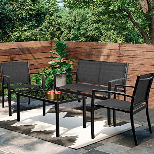 Flash Furniture Nantucket 6 Piece Patio Garden Table Set - Umbrella Table - Set of 4 Black Folding Chairs & Greesum 4 Pieces Patio Furniture Set, Outdoor Conversation Sets for Patio, Lawn Black