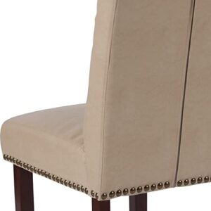 Flash Furniture Set of 4 Hercules Series Beige LeatherSoft Parsons Chairs with Rolled Back, Accent Nail Trim and Walnut Finish