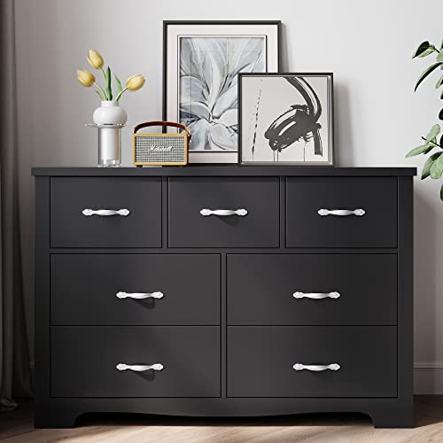 LINSY Home 7 Drawer Dresser, Black Dresser for Bedroom, Wide Nursery Dresser Organizer, Chest of Drawers for Baby,Kids Bedroom