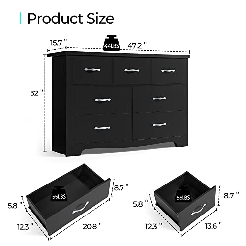 LINSY Home 7 Drawer Dresser, Black Dresser for Bedroom, Wide Nursery Dresser Organizer, Chest of Drawers for Baby,Kids Bedroom