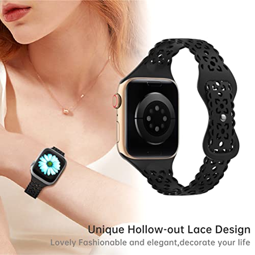 Lace Silicone Band Compatible with Apple Watch Bands 40mm 44mm 41mm 45mm 38mm 42mm Women,Thin Slim Hollow-out Soft Sport Strap Replacement Wristbands for iWatch SE Series 8 7 6 5 4 3 2 1,Black