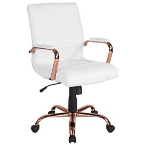 flash furniture whitney mid-back desk chair – white leathersoft executive swivel office chair with rose gold frame – swivel arm chair