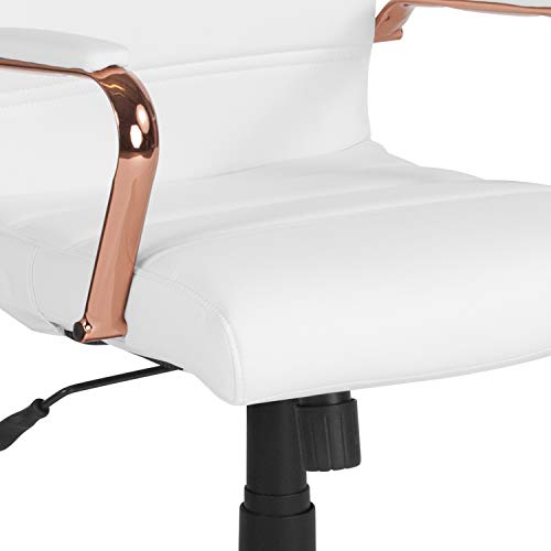 Flash Furniture Whitney Mid-Back Desk Chair - White LeatherSoft Executive Swivel Office Chair with Rose Gold Frame - Swivel Arm Chair