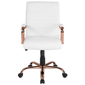 Flash Furniture Whitney Mid-Back Desk Chair - White LeatherSoft Executive Swivel Office Chair with Rose Gold Frame - Swivel Arm Chair