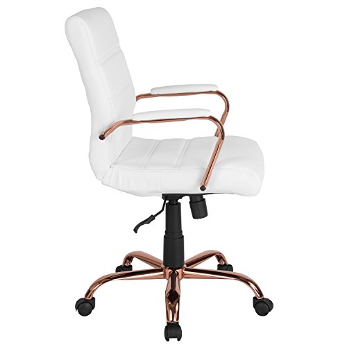 Flash Furniture Whitney Mid-Back Desk Chair - White LeatherSoft Executive Swivel Office Chair with Rose Gold Frame - Swivel Arm Chair