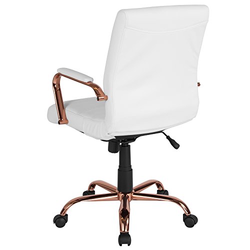 Flash Furniture Whitney Mid-Back Desk Chair - White LeatherSoft Executive Swivel Office Chair with Rose Gold Frame - Swivel Arm Chair