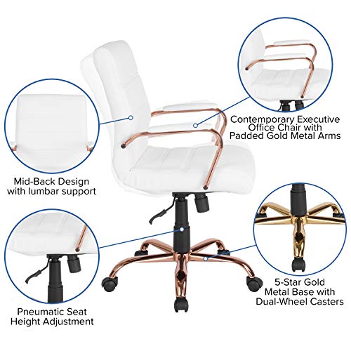 Flash Furniture Whitney Mid-Back Desk Chair - White LeatherSoft Executive Swivel Office Chair with Rose Gold Frame - Swivel Arm Chair