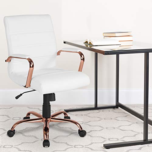 Flash Furniture Whitney Mid-Back Desk Chair - White LeatherSoft Executive Swivel Office Chair with Rose Gold Frame - Swivel Arm Chair