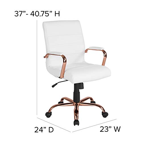 Flash Furniture Whitney Mid-Back Desk Chair - White LeatherSoft Executive Swivel Office Chair with Rose Gold Frame - Swivel Arm Chair