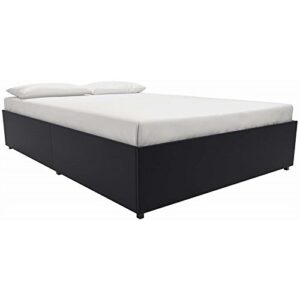 dhp maven upholstered platform bed for raised mattres support with underbed storage drawers, no box spring needed, queen, black faux leather