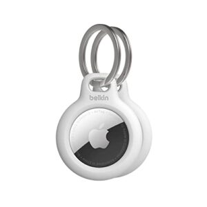 belkin apple airtag secure holder with key ring – durable scratch resistant case with open face & raised edges – protective airtag keychain accessory for keys, pets, luggage, backpacks – 2-pack white