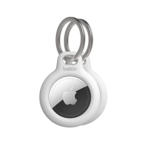 Belkin Apple AirTag Secure Holder with Key Ring - Durable Scratch Resistant Case With Open Face & Raised Edges - Protective AirTag Keychain Accessory For Keys, Pets, Luggage, Backpacks - 2-Pack White