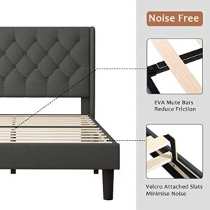 Feonase Upholstered Queen Bed Frame with Wingback, Platform Bed with Diamond Tufted Headboard, Heavy Duty Bed Frame, Wood Slat, Easy Assembly, Noise-Free, No Box Spring Needed, Dark Gray
