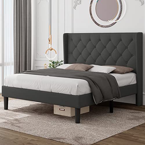 Feonase Upholstered Queen Bed Frame with Wingback, Platform Bed with Diamond Tufted Headboard, Heavy Duty Bed Frame, Wood Slat, Easy Assembly, Noise-Free, No Box Spring Needed, Dark Gray