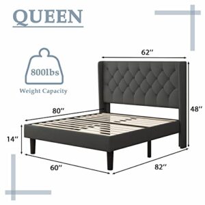 Feonase Upholstered Queen Bed Frame with Wingback, Platform Bed with Diamond Tufted Headboard, Heavy Duty Bed Frame, Wood Slat, Easy Assembly, Noise-Free, No Box Spring Needed, Dark Gray