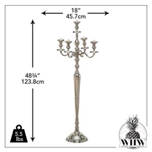 WHW Whole House Worlds Hamptons Tall Five Candle Silver Candelabra, Hand Crafted of Silver Aluminum Nickel, 4 FT High (48.75 Inches)