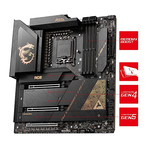 MSI MEG Z790 ACE Motherboard E-ATX - Supports Intel Core 12/13th Gen Processors, LGA 1700, DDR5 Boost (7800+MHz/OC), 2x PCIe 5.0 x16, 1x PCIe 4.0 x16, 1 x M.2 Gen5, 4 x M.2 Gen4, 2.5Gbps LAN, Wi-Fi 6E