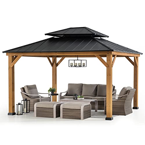 Sunjoy 11 x 13 ft. Wood Gazebo Cedar Framed Gaezbos with Black Double Steel Hardtop Roof for Garden, Backyard Shade