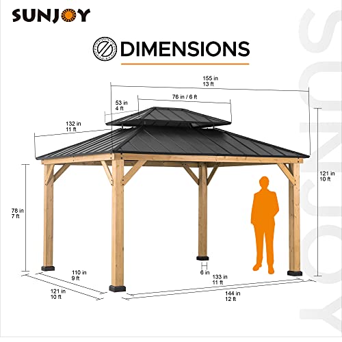 Sunjoy 11 x 13 ft. Wood Gazebo Cedar Framed Gaezbos with Black Double Steel Hardtop Roof for Garden, Backyard Shade