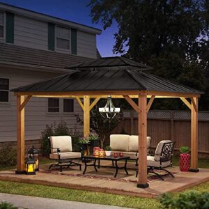 Sunjoy 11 x 13 ft. Wood Gazebo Cedar Framed Gaezbos with Black Double Steel Hardtop Roof for Garden, Backyard Shade