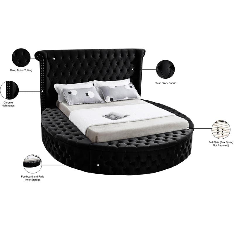Meridian Furniture Luxus Collection Modern | Contemporary Round Shaped Velvet Upholstered Bed with Deep Button Tufting and Footboard Storage, Queen, Black