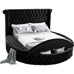 Meridian Furniture Luxus Collection Modern | Contemporary Round Shaped Velvet Upholstered Bed with Deep Button Tufting and Footboard Storage, Queen, Black