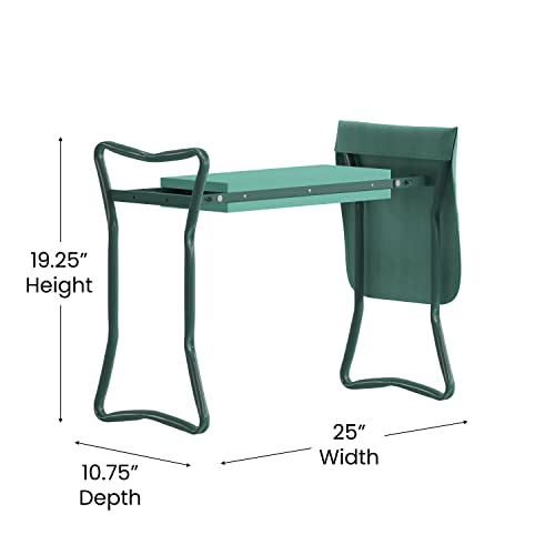 Flash Furniture Assisi Foldable Garden Kneeler Bench- Double Sided Green Foam Padding - Green Welded Iron Tube Frame - Removable Tool Bag Pouch