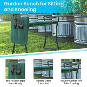 Flash Furniture Assisi Foldable Garden Kneeler Bench- Double Sided Green Foam Padding - Green Welded Iron Tube Frame - Removable Tool Bag Pouch