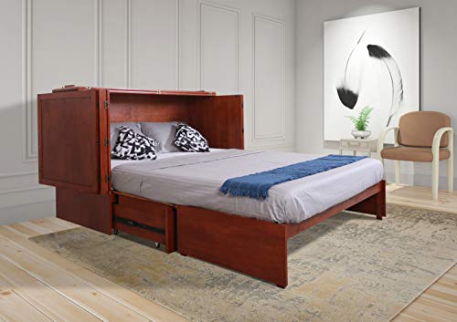 Emurphybed Daily Delight Murphy Cabinet Chest Bed with Charging Station & 6" Memory Foam Mattress, (Queen, Cherry)