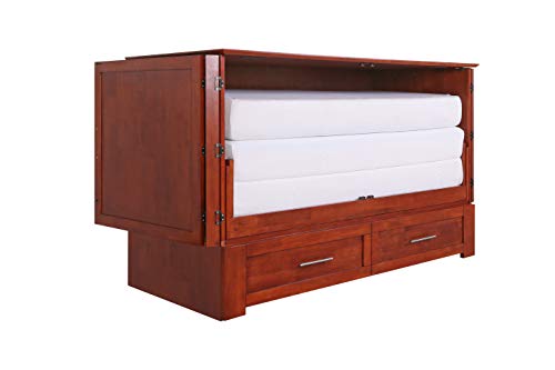 Emurphybed Daily Delight Murphy Cabinet Chest Bed with Charging Station & 6" Memory Foam Mattress, (Queen, Cherry)