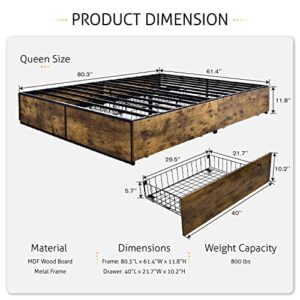 SHA CERLIN Queen Storage Bed Frame with 4 Drawers on Wheels, Platform Bed Queen Size with Under Bed Storage, No Box Spring Needed, Large Storage Space, Easy Assembly