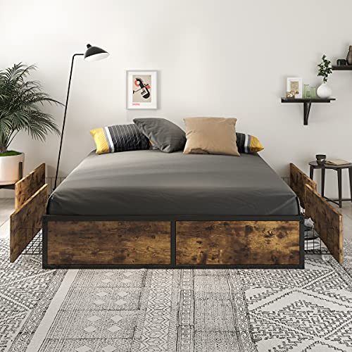 SHA CERLIN Queen Storage Bed Frame with 4 Drawers on Wheels, Platform Bed Queen Size with Under Bed Storage, No Box Spring Needed, Large Storage Space, Easy Assembly