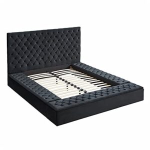 pemberly row contemporary velvet upholstered button tufted platform queen bed in black