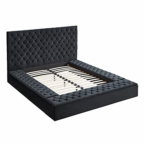 Pemberly Row Contemporary Velvet Upholstered Button Tufted Platform Queen Bed in Black