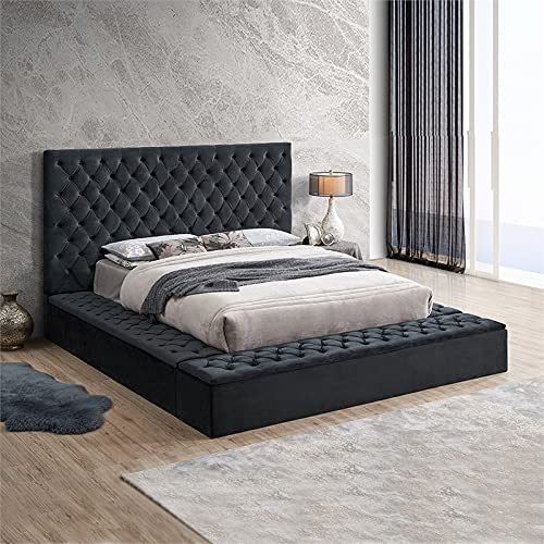 Pemberly Row Contemporary Velvet Upholstered Button Tufted Platform Queen Bed in Black